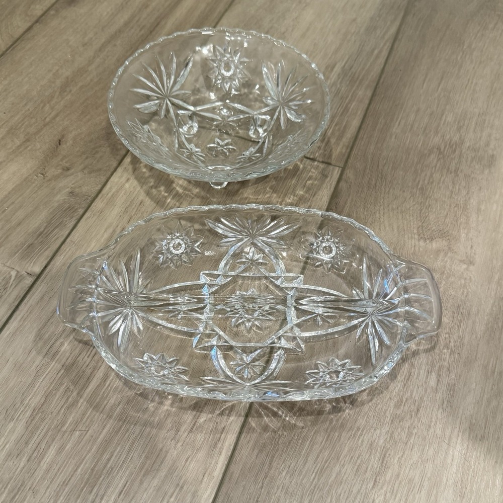 Vintage Clear Pressed Glass Starburst Candy Dish Bowl Set 2 8.5 Inch EAPC Style